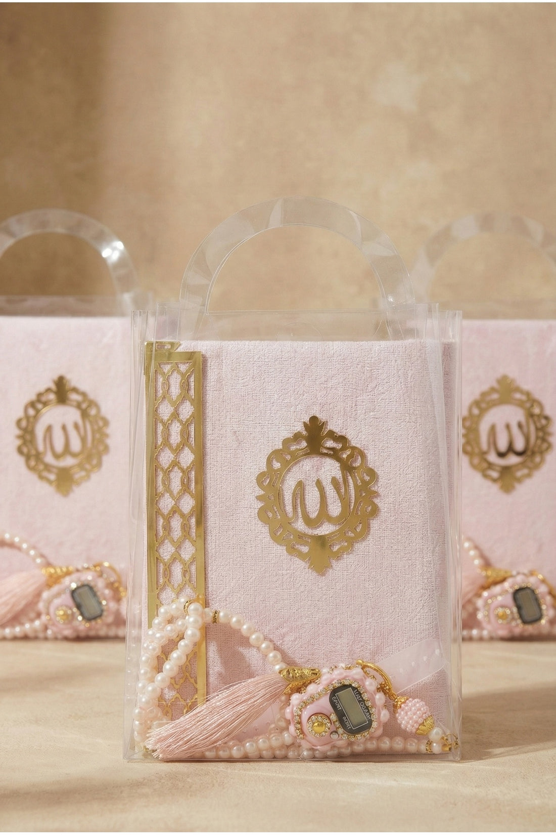 Dik Çanta Kadife Yasin Taşlı Zikirmatik İnci Tesbih 3 Adet Hediyelik Set