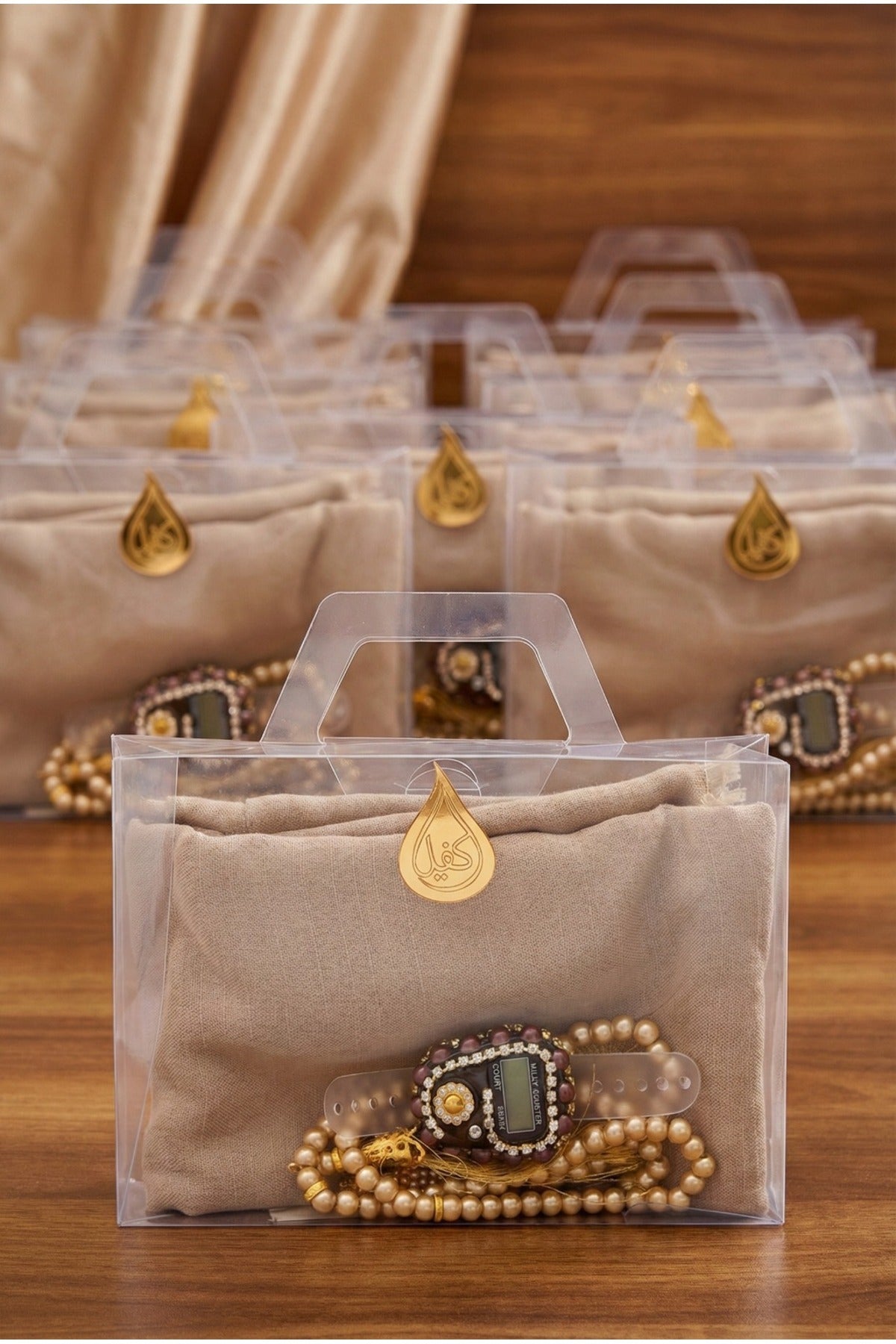 Çanta İçinde Flamlı Eşarp İnci Tesbih Taşlı Zikirmatik 10 Adet Mevlüt Hac Umre Hediyelik Set - 46