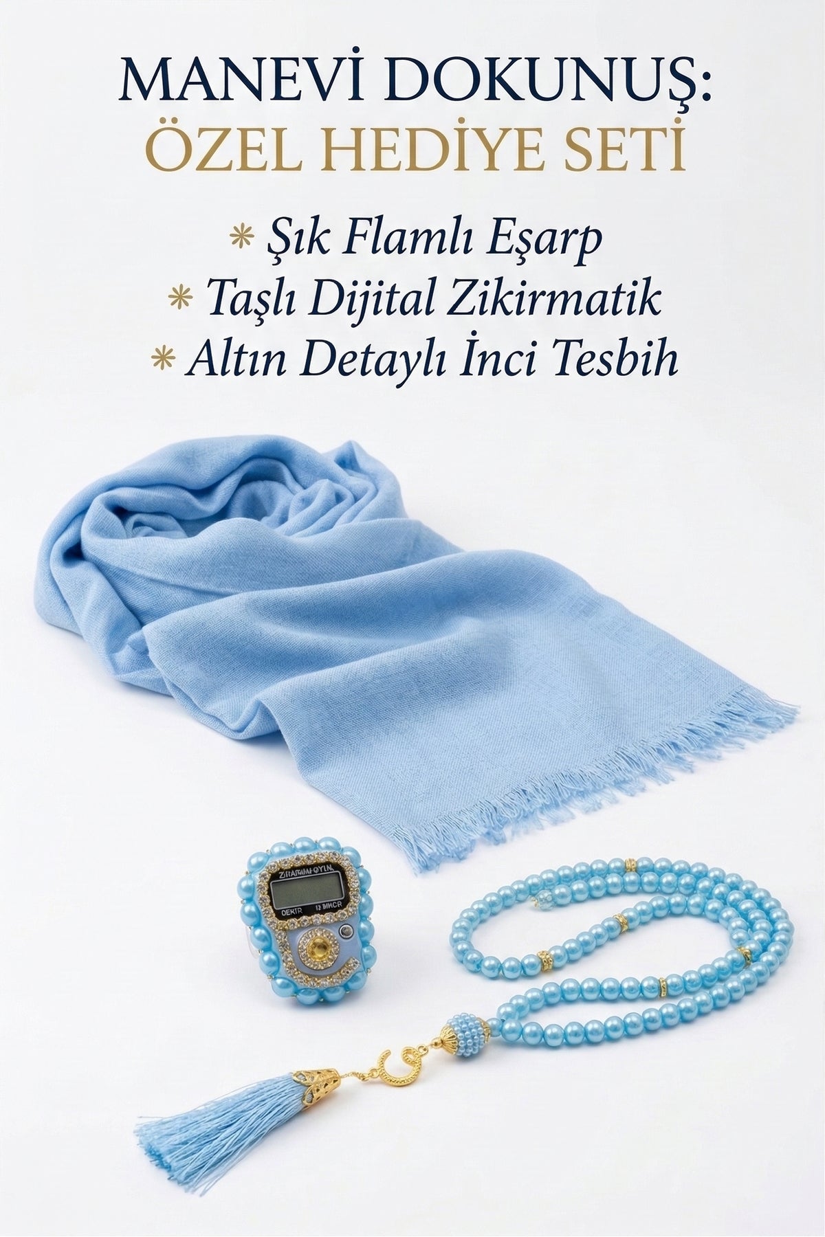 Çanta İçinde Flamlı Eşarp İnci Tesbih Taşlı Zikirmatik 10 Adet Mevlüt Hac Umre Hediyelik Set - 16