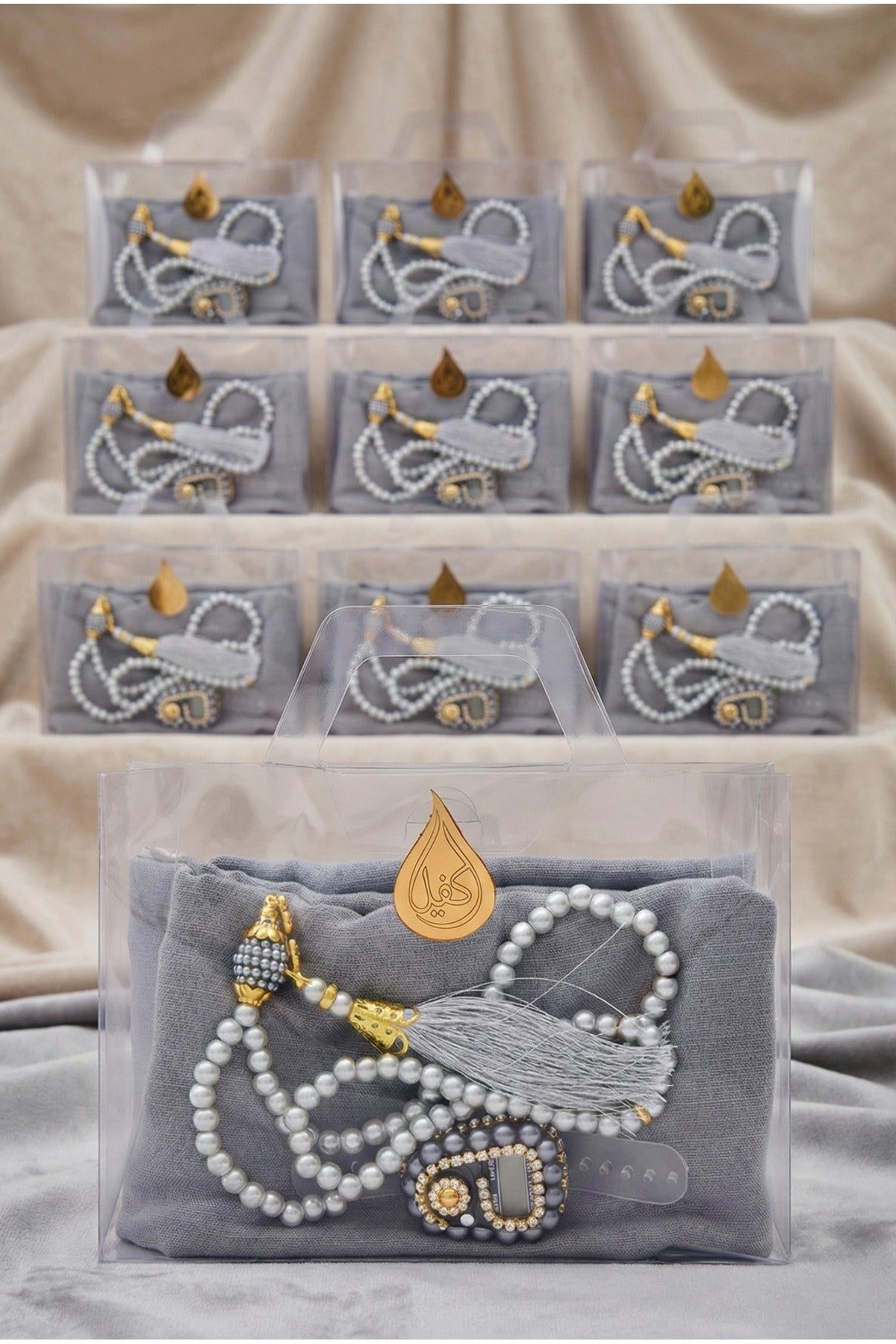 Çanta İçinde Flamlı Eşarp İnci Tesbih Taşlı Zikirmatik 10 Adet Mevlüt Hac Umre Hediyelik Set - 52