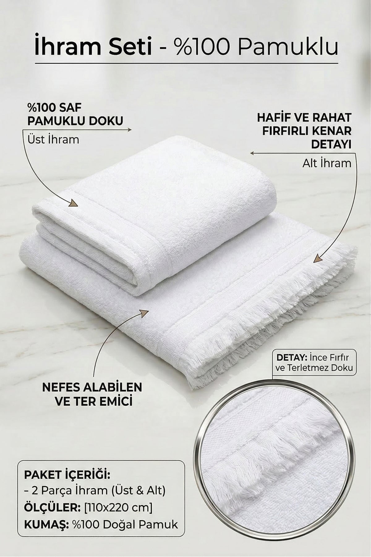 %100 Pamuklu İhram 1250gr Hafif Ve Terletmez Hac Umre İçin Uygun - 2