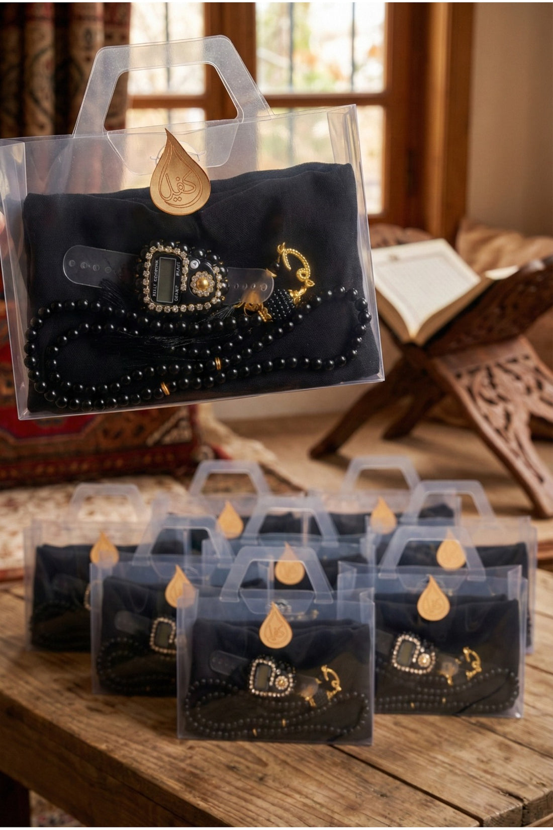 Çanta İçinde Flamlı Eşarp İnci Tesbih Taşlı Zikirmatik 10 Adet Mevlüt Hac Umre Hediyelik Set