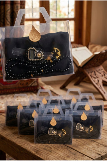 Çanta İçinde Flamlı Eşarp İnci Tesbih Taşlı Zikirmatik 10 Adet Mevlüt Hac Umre Hediyelik Set