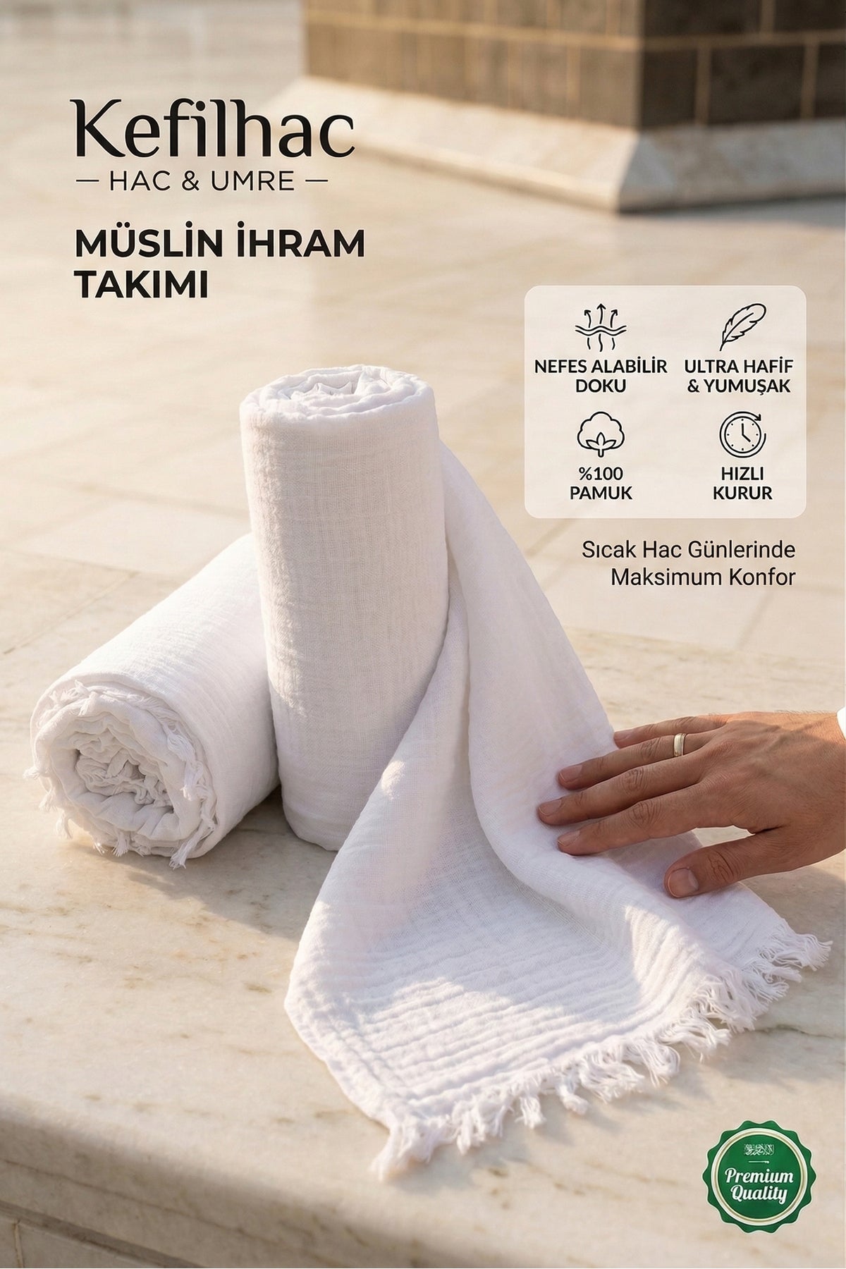 Müslin İhram %100 Pamuk, 1250 Gr Erkek Hac Umre İçin Hafif Ve Terletmez - 3