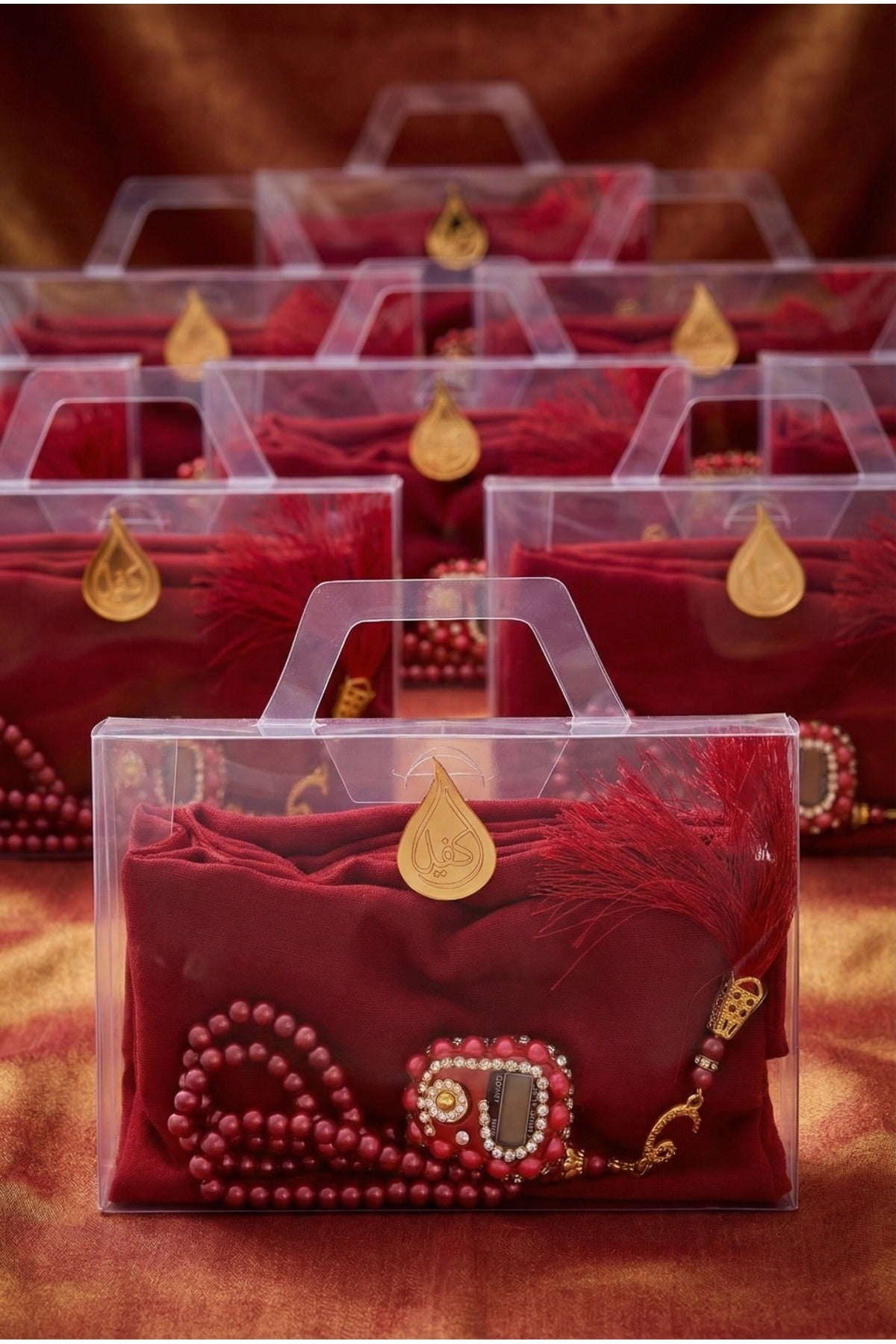 Çanta İçinde Flamlı Eşarp İnci Tesbih Taşlı Zikirmatik 10 Adet Mevlüt Hac Umre Hediyelik Set - 33