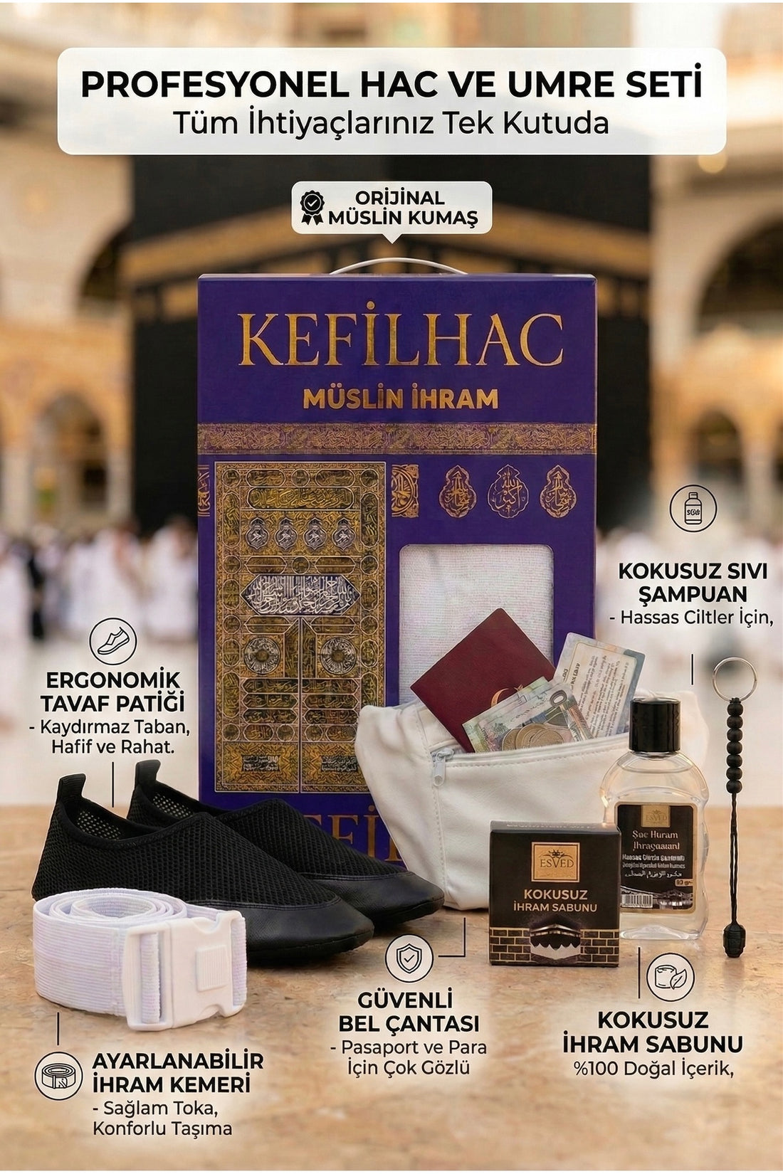 Müslin İhram Umre Seti Premium Tavaf Patiği & Deri Bel Çantası & Kemer & Kokusuz Sabunlar & Tespih
