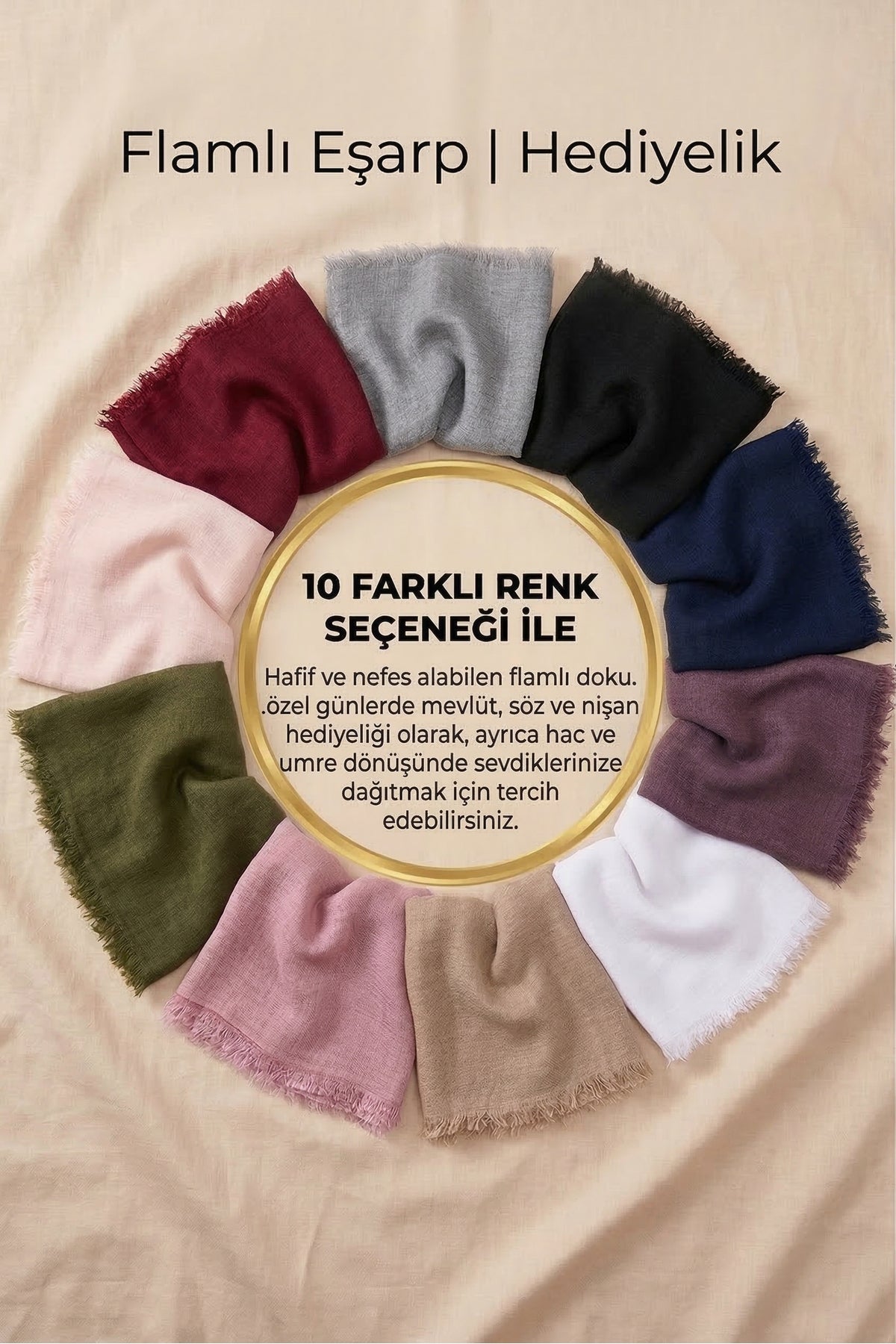 10 Adet Düz Flamlı Pamuklu Hediyelik Eşarp 100x100 Dağıtmalık Hac Umre Çeyizlik Mevlit - 5