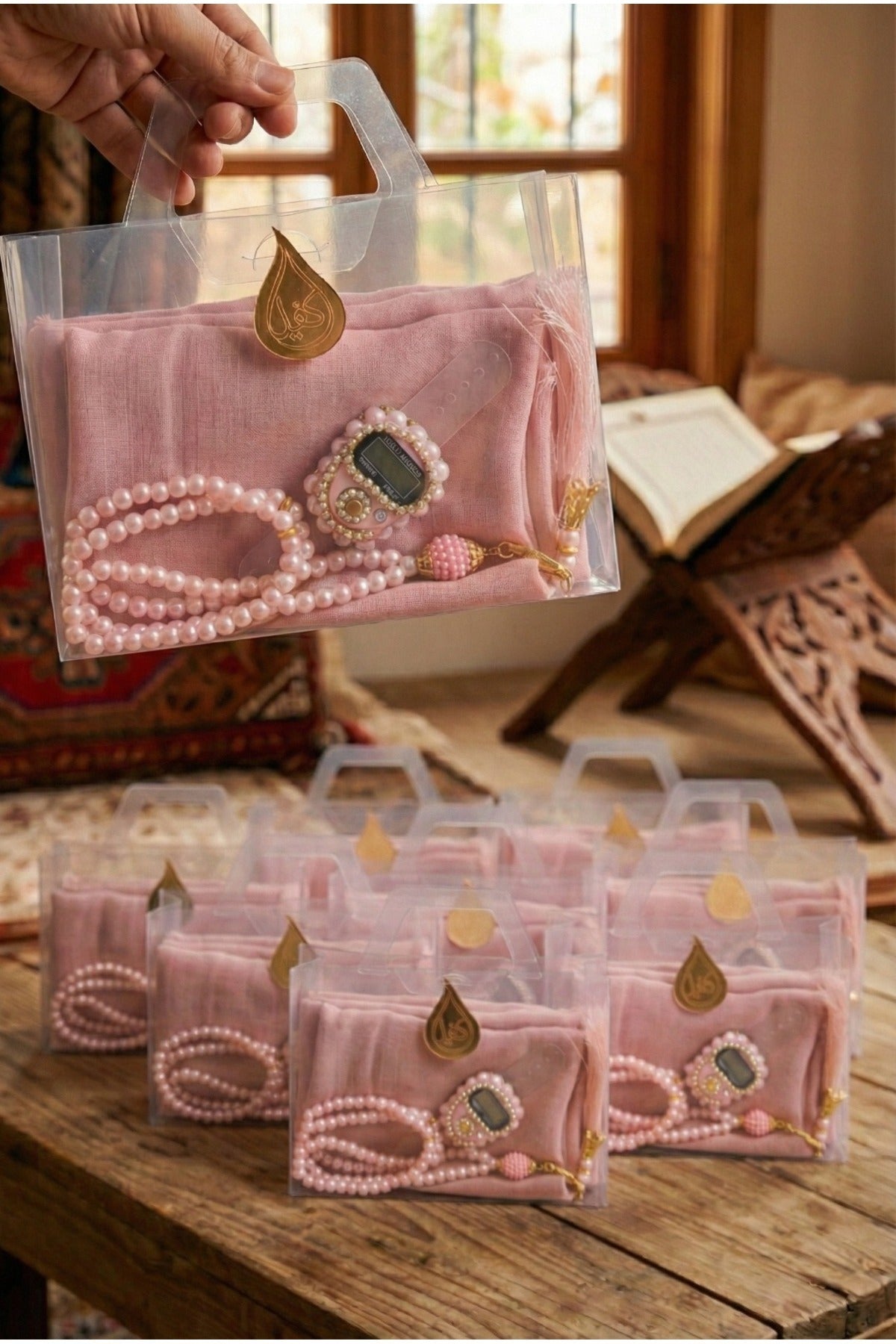 Çanta İçinde Flamlı Eşarp İnci Tesbih Taşlı Zikirmatik 10 Adet Mevlüt Hac Umre Hediyelik Set - 27