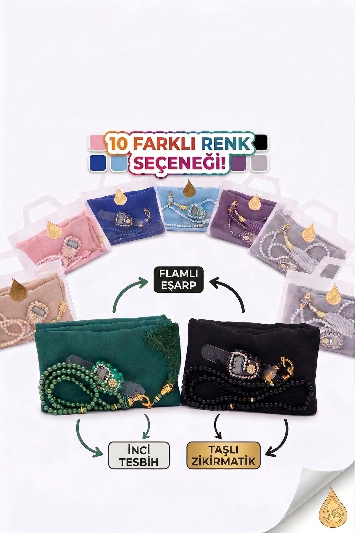 Çanta İçinde Flamlı Eşarp İnci Tesbih Taşlı Zikirmatik 10 Adet Mevlüt Hac Umre Hediyelik Set - 14