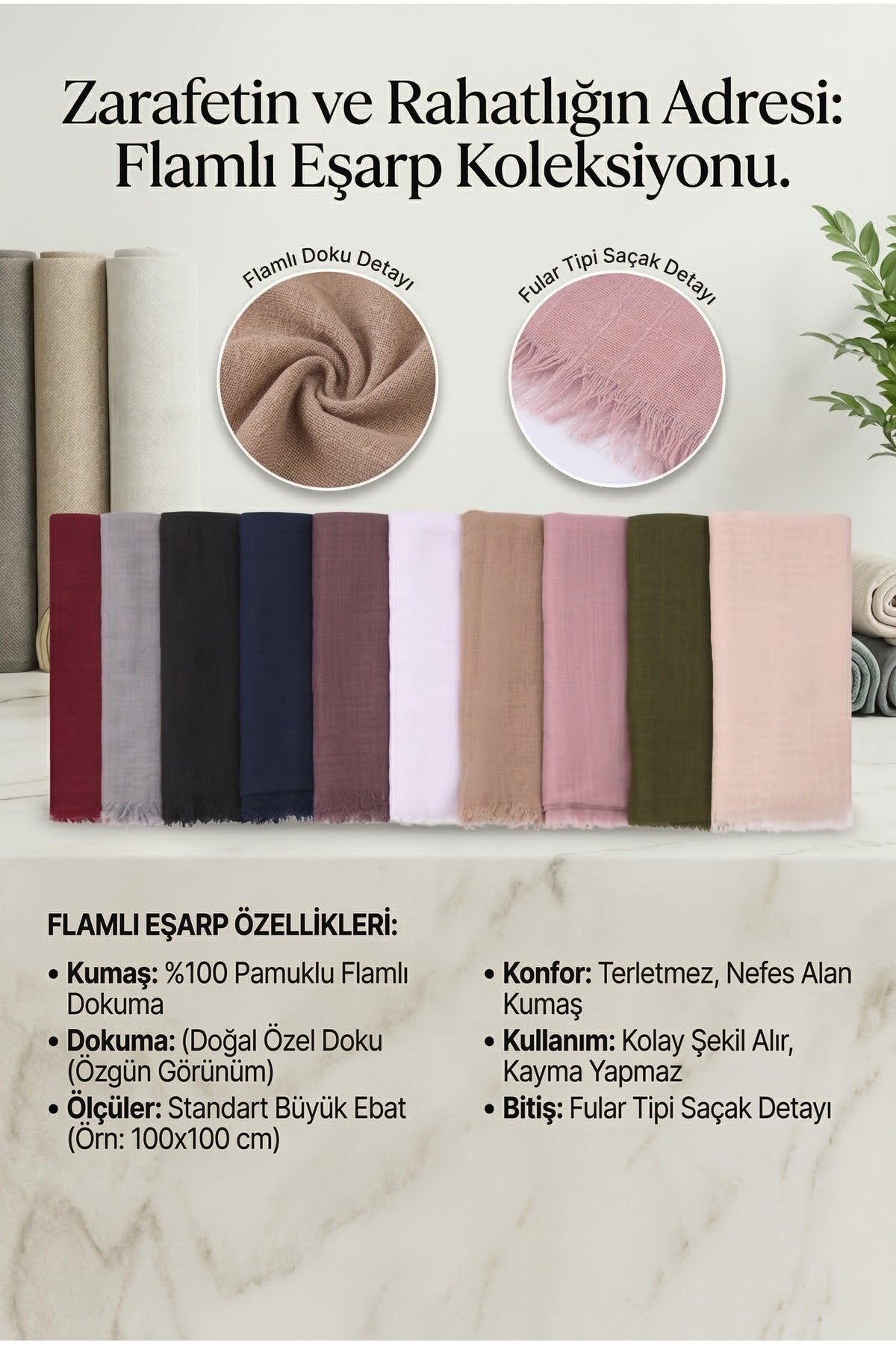 10 Adet Düz Flamlı Pamuklu Hediyelik Eşarp 100x100 Dağıtmalık Hac Umre Çeyizlik Mevlit - 2