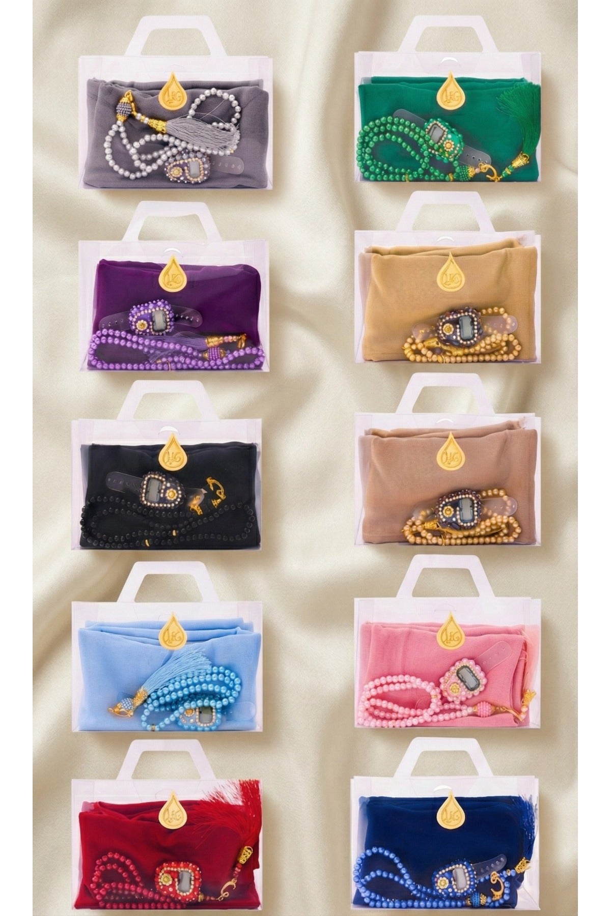 Çanta İçinde Flamlı Eşarp İnci Tesbih Taşlı Zikirmatik 10 Adet Mevlüt Hac Umre Hediyelik Set - 13