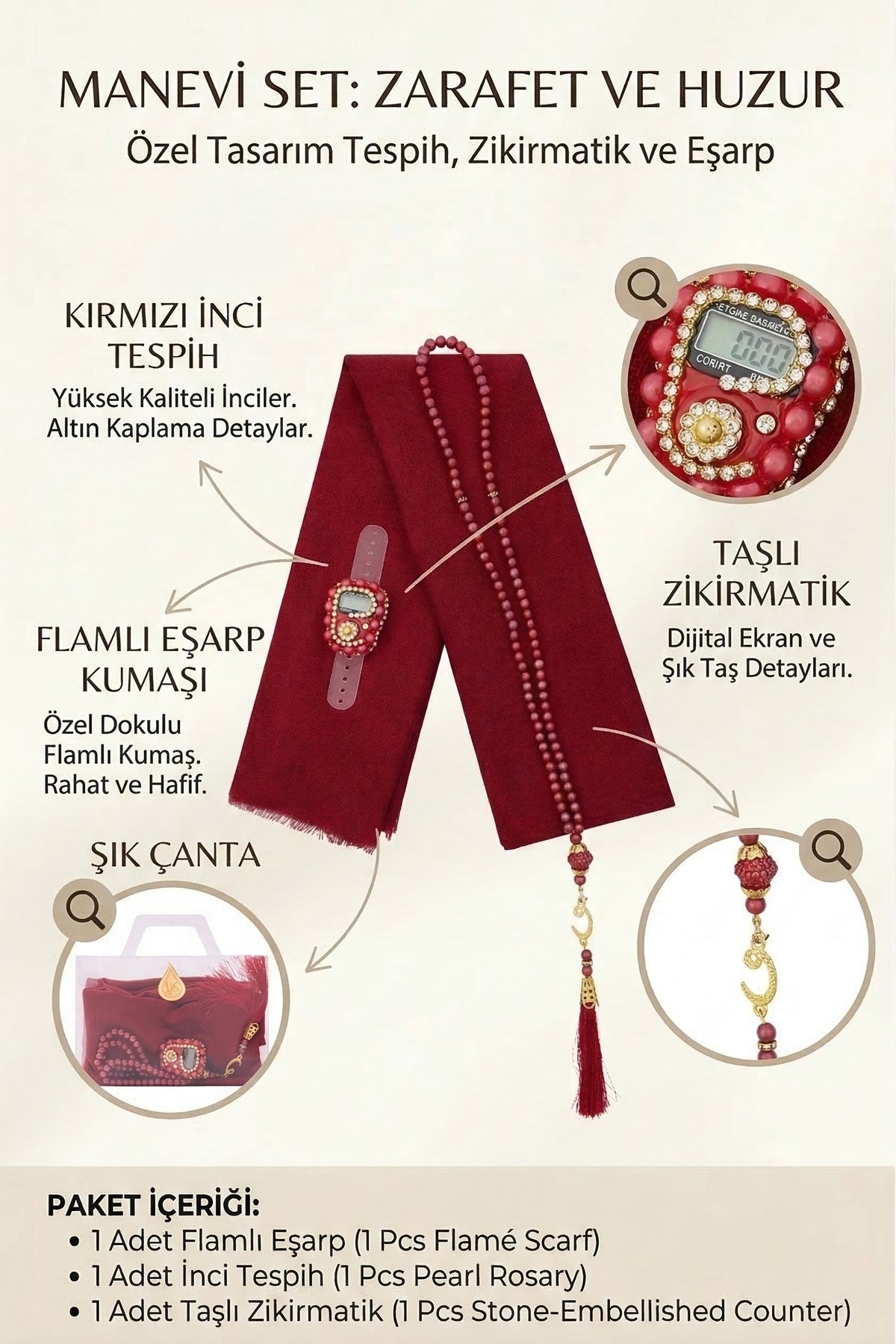 Çanta İçinde Flamlı Eşarp İnci Tesbih Taşlı Zikirmatik 10 Adet Mevlüt Hac Umre Hediyelik Set - 34