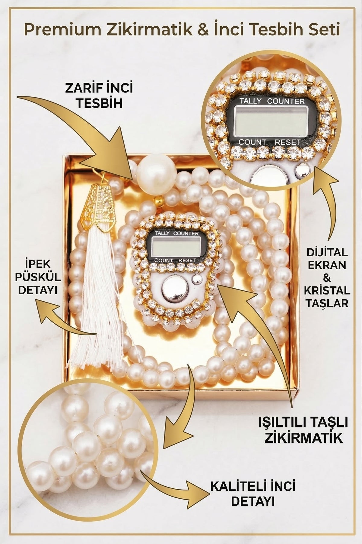 10 Adet Hediyelik Taşlı Zikirmatik ve İnci Tesbih Set Hac Umre Mevlit - 19