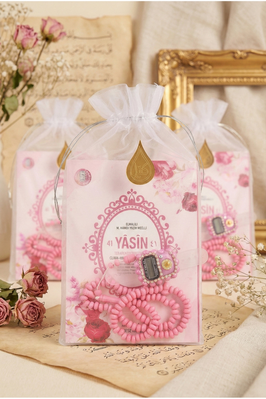 Tül Kesede Taşlı Zikirmatik Tesbih Ve Yasin Seti 3 Adet Mevlüt Hac Umre Hediyelik