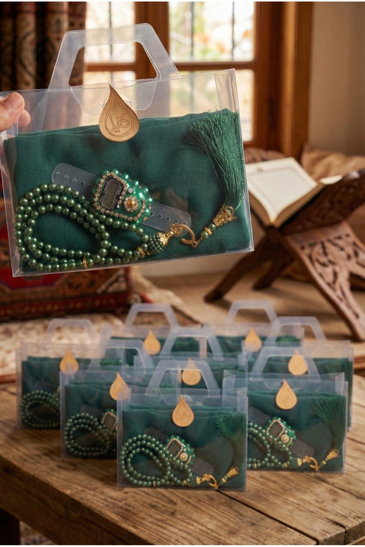 Çanta İçinde Flamlı Eşarp İnci Tesbih Taşlı Zikirmatik 10 Adet Mevlüt Hac Umre Hediyelik Set - 7