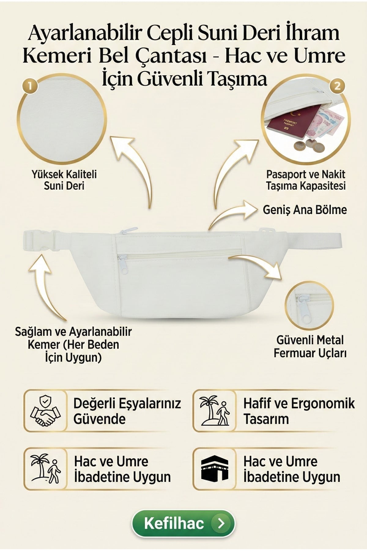 Ayarlanabilir Cepli Suni Deri İhram Kemeri Bel Çantası Hac Ve Umre İçin Güvenli - 2
