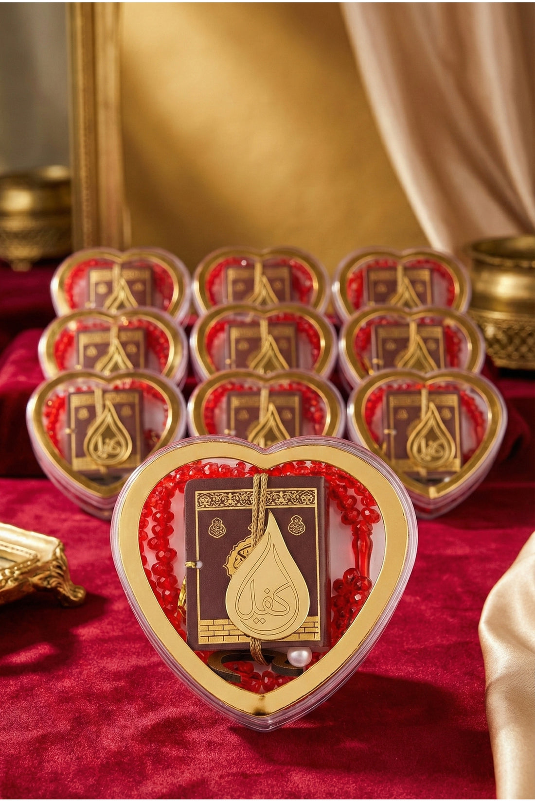 Mini Kur’an-ı Kerim Ve Tesbih Kalpli Kutu 10 Adet Hac Umre Mevlüt Hediyesi