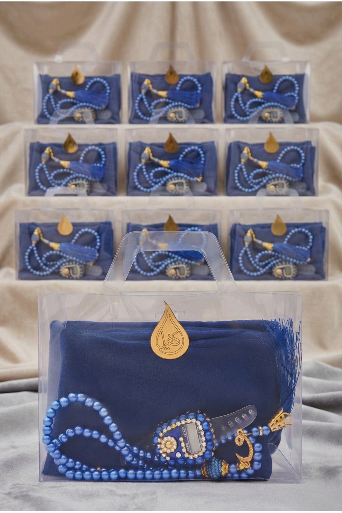Çanta İçinde Flamlı Eşarp İnci Tesbih Taşlı Zikirmatik 10 Adet Mevlüt Hac Umre Hediyelik Set - 58