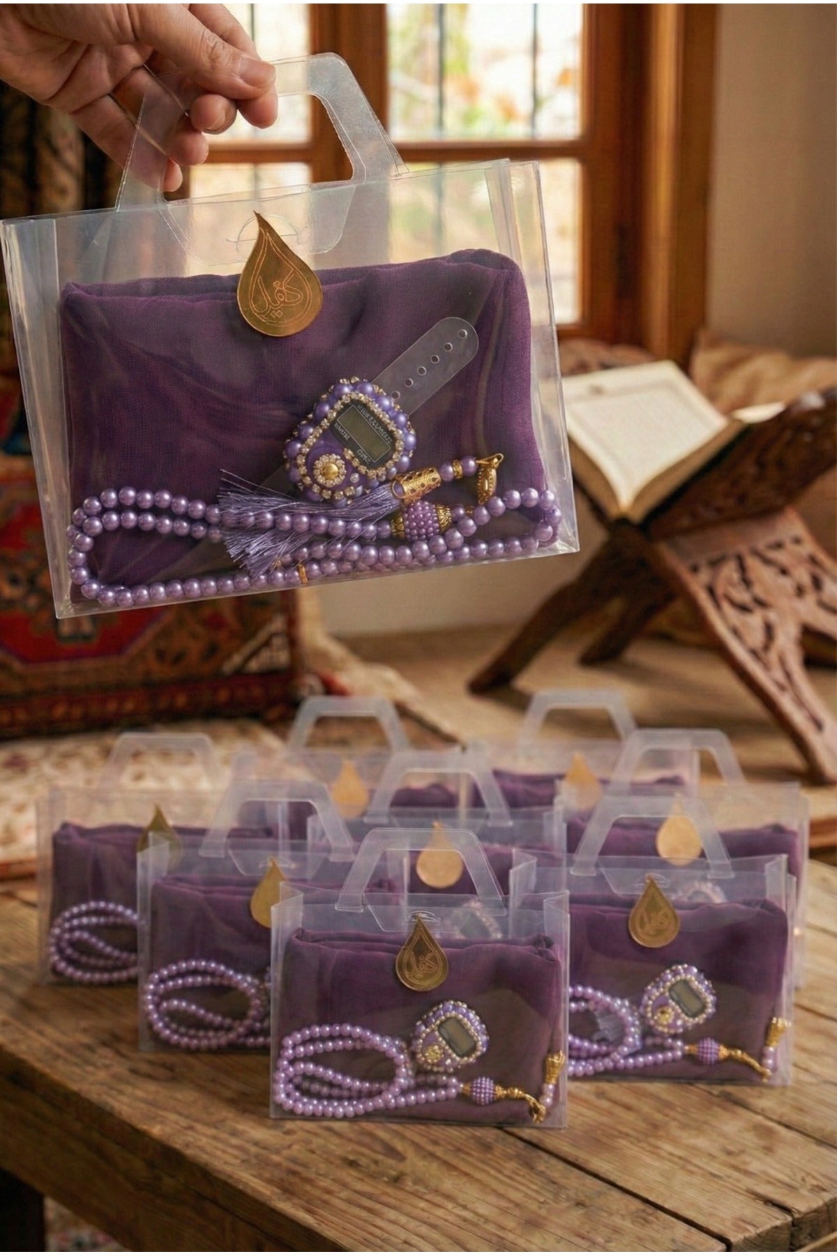 Çanta İçinde Flamlı Eşarp İnci Tesbih Taşlı Zikirmatik 10 Adet Mevlüt Hac Umre Hediyelik Set - 21